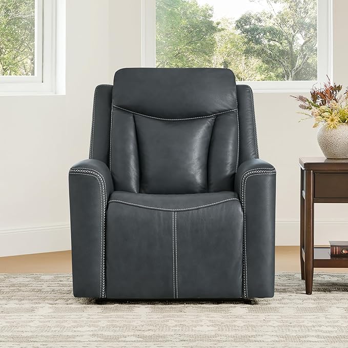CHITA Genuine Leather Power Recliner Chair for Adults, Super Zero Gravity Recliner with Adjustable Power Headrest & USB/Type-C Ports, for Living Room, Bedroom & Home Theater, Navy Blue