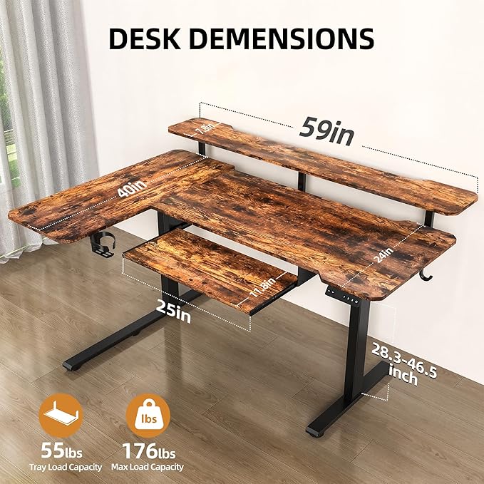 59 Inch L Shaped Standing Desk with Shelves and Keyboard, Electric Corner Standing Desk Adjustable Height, Sit Stand Computer Table with Reversiable Splice Board,Rustic Brown
