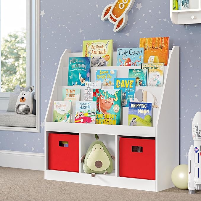 Kids Bookrack with Three Cubbies and 2 Red Bins