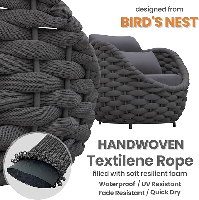 Aluminum Outdoor Patio Couch Set: 5 Pieces Woven Rope Porch Furniture Sofa Set - Metal Modern Deck Conversation Set - All Weather Assembled Courtyard Seating for Backyard Hotel Resort, Dark Grey