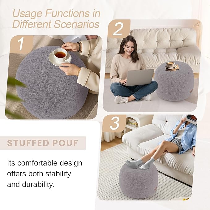 MeMoreCool Stuffed Round Pouf Ottoman Foot Rest, Floor Pouf Foot Stool with Soft Foam Chunk Filling, Small Round Ottoman Footstool Circle Footrest for Living Room, Light Grey