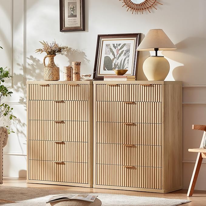 LEYAOYAO Fluted 6 Drawers Dresser for Bedroom, 42" Tall Modern Chest of Drawers with Metal Handle, Curved Profile Design,Natural Wood Drawer Organizer for Bedroom, Living Room, Hallway, Entryway