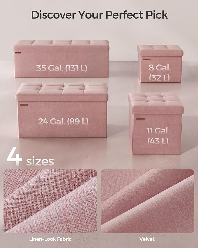 SONGMICS Mazie Collection - Storage Ottoman Bench, Foldable Foot Rest, 15 x 43 x 15 Inches, End of Bed Bench, Storage Chest, Load 660 lb, Living Room, Bedroom, Entryway, Jelly Pink ULSF277R01