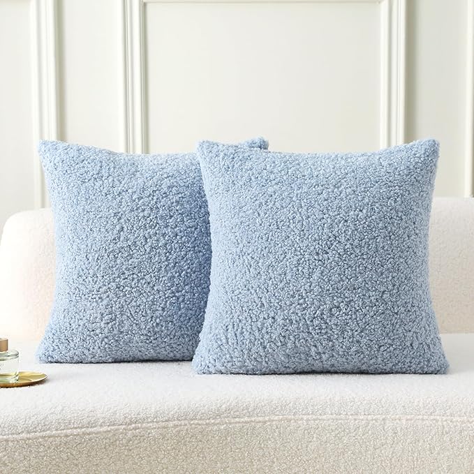 FUTEI Light Blue Throw Pillow Covers 18x18 Inch Set of 2,Furry Faux Fur Teddy Boucle Textured Cushion Covers,Soft Fluffy Decorative Pillow Case,Home Decor for Couch Bed Living Room Office Car