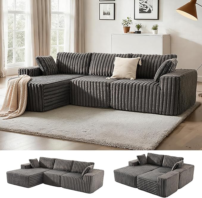 Apicizon 113" Modular Sectional Couch for Living Room, L Shaped Sectional Sofa Couch with Deep Seat, 3 Seat Boneless Sofa with Chaise Longue for Apartment,No Assembly Required (Plush Corduroy Gray)