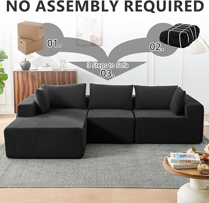 109" Cloud Sectional Couch, Boneless Couches for Living Room, Modular Sectional Sofa with Deep Seat, L-Shape Couch with Chaise, Comfy Corduroy Fluffy Modern Modular Sofa, No Assembly Required, Black