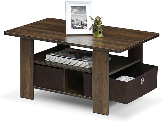 Furinno Andrey Coffee Table with Bin Drawer, Columbia Walnut/Dark Brown