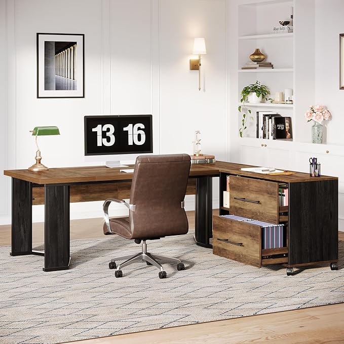 Tribesigns 70.86" Executive Desk with Mobile File Cabinet, Large L Shaped Computer Office Desk with 2 Drawers and Storage Shelves, Business Furniture Desk Workstation for Home Office (Rustic Brown)