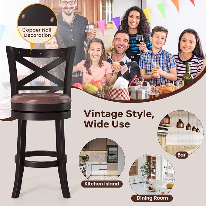 COSTWAY Bar Stools Set of 2, 26" Swivel Counter Height Bar Chairs with Copper Nails, Upholstered Seat, X-Shaped Backrest, Solid Rubber Wood Frame, for Kitchen Island Pub Bar