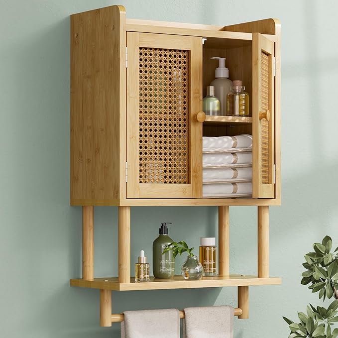AmazerBath Bathroom Wall Cabinets, Bamboo Medicine Cabinet with Rattan Door, Over The Toilet Storage Cabinet with Towel Bar, Wall Mounted Cabinet with Adjustable Shelves for Small Spaces