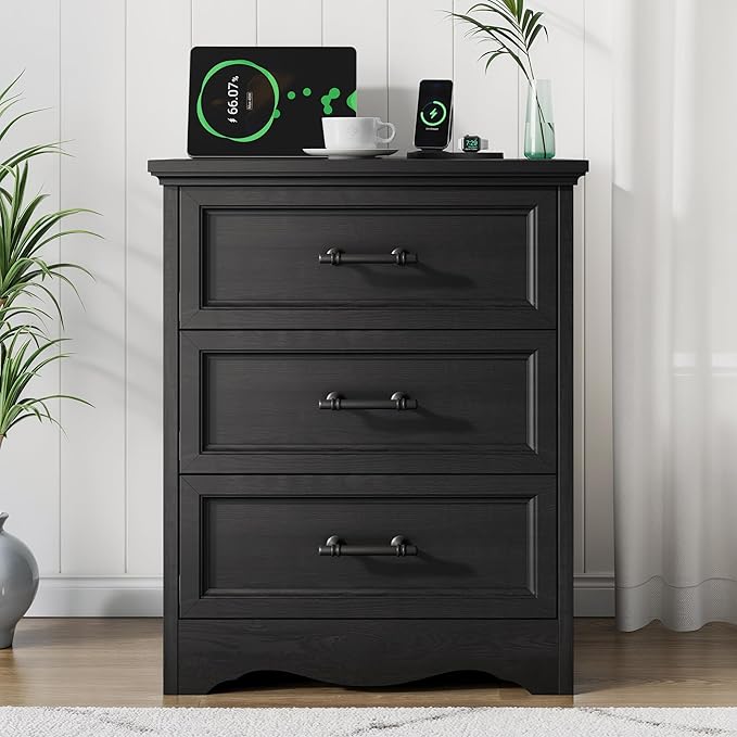 Black Nightstand with Charging Station, 19.7" Farmhouse End Table with 3 Drawers Storage, Bedside Table with Brushed Metal Handles, Unique Base Design, 3 Drawer Dresser for Bedroom, Living Room