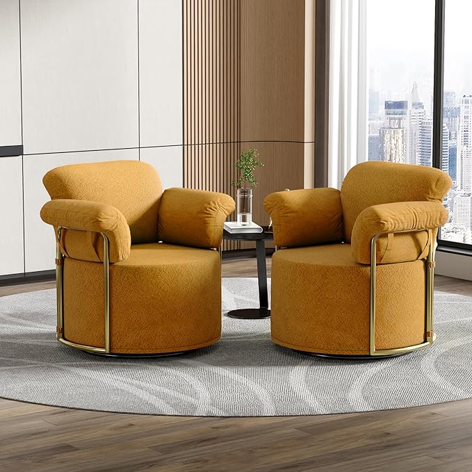 KEIKI Modern Comfy Swivel Accent Reading Chair, 360°Round Upholstered Barrel Armchair Single Club Lounge Sofa Chairs for Living Room,Bedroom, Office,Orange
