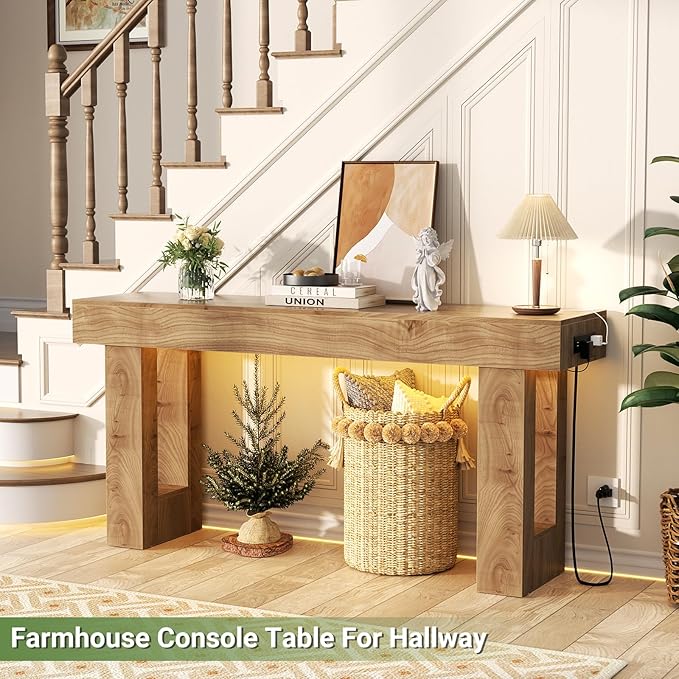 Unikito 63'' Farmhouse Console Table with Power Outlets and Sensor Light, Wooden Entryway Table with Storage, Rectangular Sofa Tables Behind The Couch for Entrance, Hallway, Living Room, Natural Oak