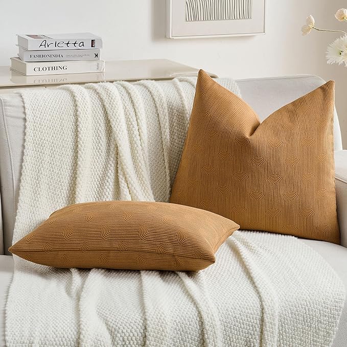 FUTEI Bronze Chenille Decorative Throw Pillow Covers 12x20 Inch Set of 2,Soft Cozy Striped Geometric Patterns Lumbar Pillow Cases,Modern Home Decor for Couch Bed Living Room
