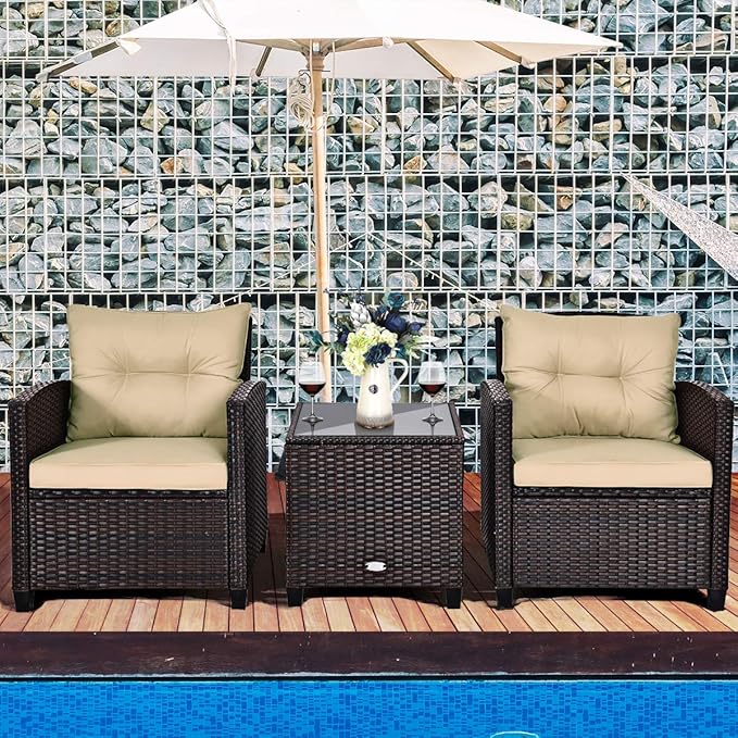 Tangkula 3 Pieces Patio Furniture Set, PE Rattan Wicker 3 Pcs Outdoor Sofa Set w/Washable Cushion and Tempered Glass Tabletop, Conversation Furniture for Garden Poolside Balcony (Beige)