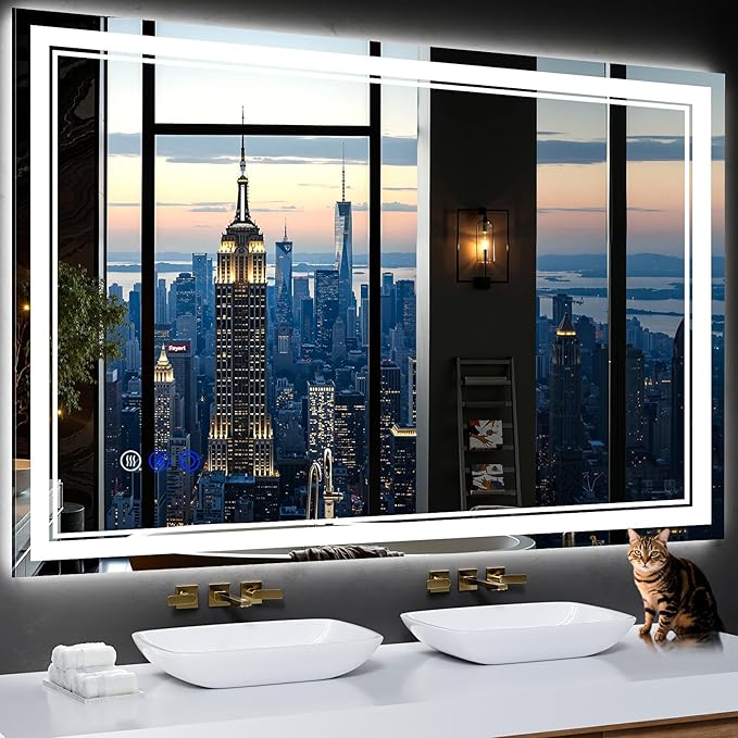 55"x36" LED Bathroom Mirror with Anti-Fog, Stepless Dimmable Lights, 3 Color Modes, Shatter-Proof Tempered Glass, Memory Function & Waterproof Design