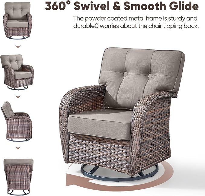 6-Piece Rotating Balcony Chair Set with 31-inch T-Shaped Wide backrest - Rattan Outdoor Rotating Balcony Chairs, Wide backrest Comfortable Outdoor Sliding Chair - Brown | Grey