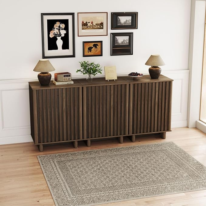 LukeAlon Fluted Sideboard Cabinet with Storage, Mid-Century Modern Accent Buffet Cabinet, 31.5" Height Wooden Small Credenza Cabinets for Living Room Dining Room Entryway Hallway, Walnut Color