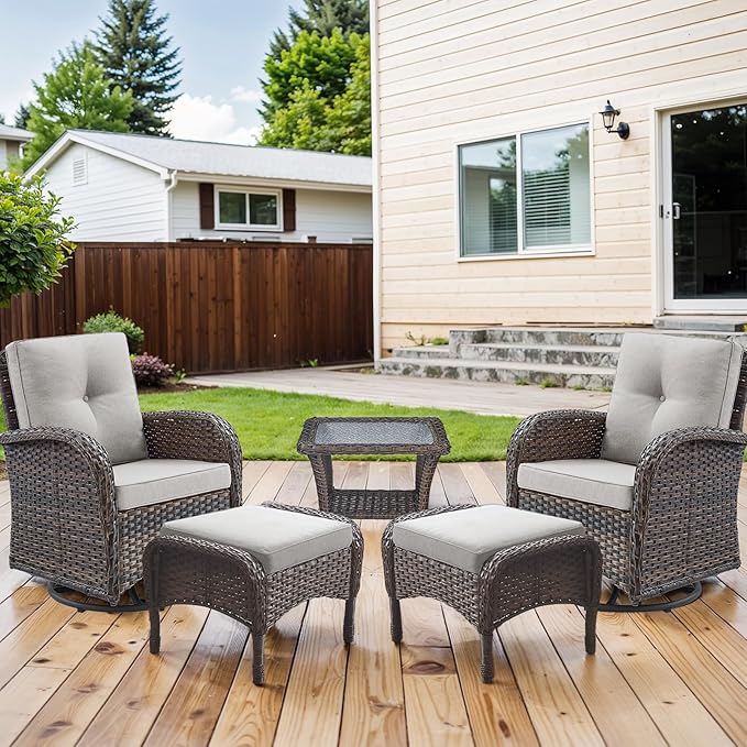 HUMMUH 5 Pieces Wicker Patio Furniture Set,Outdoor Swivel Gliders Rocker,Patio Ottomans,Glass Top Side Table,Outdoor Conversation Set for Porch Deck Backyard Poolside