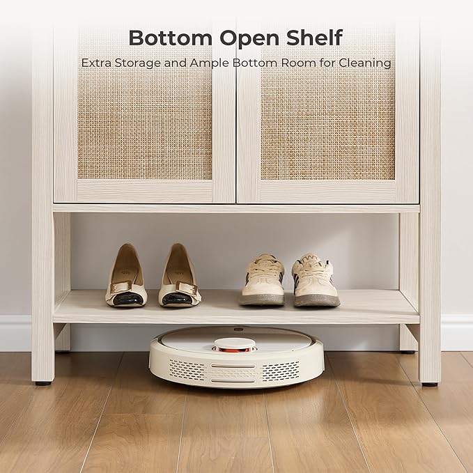 SICOTAS Shoe Storage Cabinet for Entryway - 5 Tier Rattan Entry Shoe Organizer Cabinet with Shelves & Doors, 2 Pieces Farmhouse Boho Shoe Rack for Hallway, Living Room, Closet (White Cream Oak)