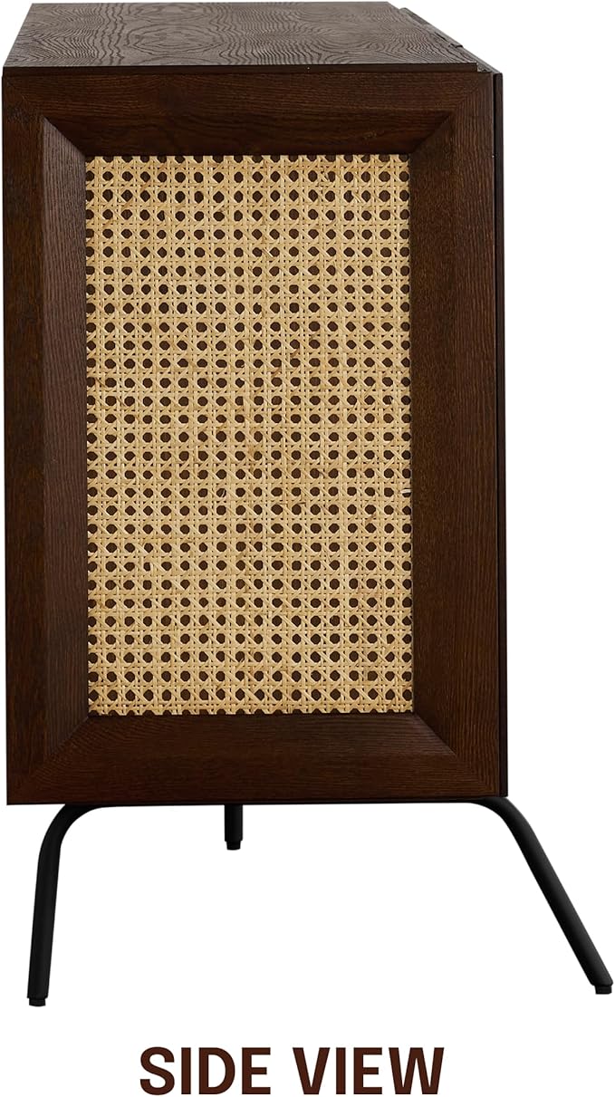 NTC MOSSIC Sideboard with 2 Doors and 3 Drawers, Buffet Cabinet with Natural Rattan and Metal Legs, Modern Storage Cabinet for Living Room, and Hallway, Effortless Assembly - Dark Walnut