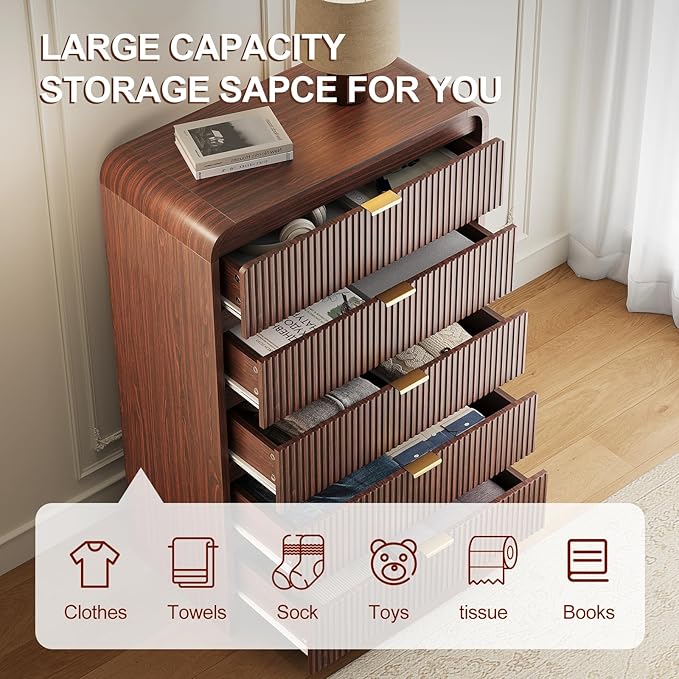 FURSUN Fluted 5 Drawers Dresser for Bedroom, 48" Tall Wooden Modern Dresser with Metal Handle, Curved Profile Design, Storage Organizer for Living Room, Hallway(Dark Walnut)