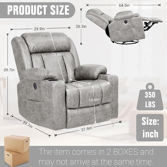 Retro Rocking Recliner Chair, Massage Rocker Recliner Chair with Vibration Massage and Heat, USB and Type-C Ports,360° Swivel Chairs, Living Room, Bedroom, Nursery, RV, Light Grey