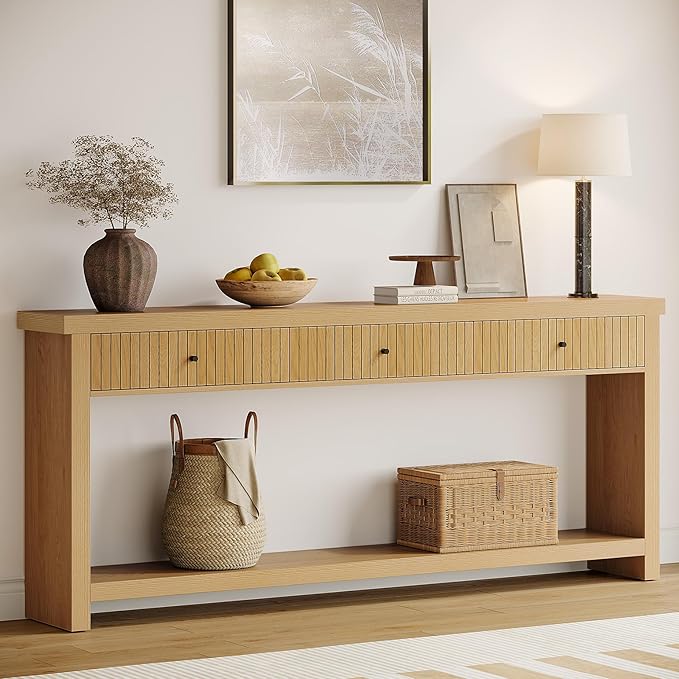 Tribesigns 70.9 inch Extra Long Entryway Table with 3 Drawers, Sofa Console Table with Open Storage Shelves, Oak Color Furniture, Wooden Couch Foyer Tables for Living Room Hallway Entrance