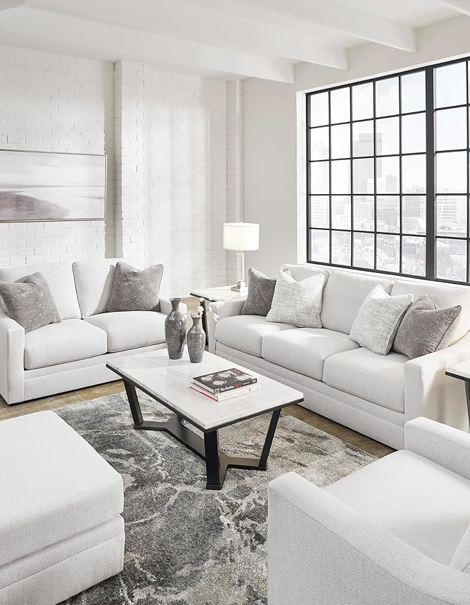 Signature Design by Ashley Maitelynn Contemporary Sofa with Accent Pillows, Reversible Cushions and Sloped Arms, Light Gray