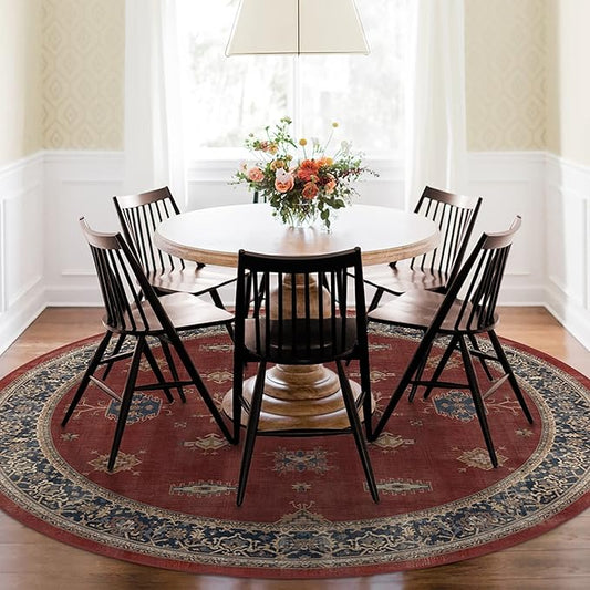 RUGGABLE Washable Vintage Area Rug – Verena Amber Red 6 ft Round, Stain-Resistant, Non-Slip – Medium Machine Washable Rugs for Living Room, Bedroom, Hallway, Entryway & Office–with Cushioned Pad