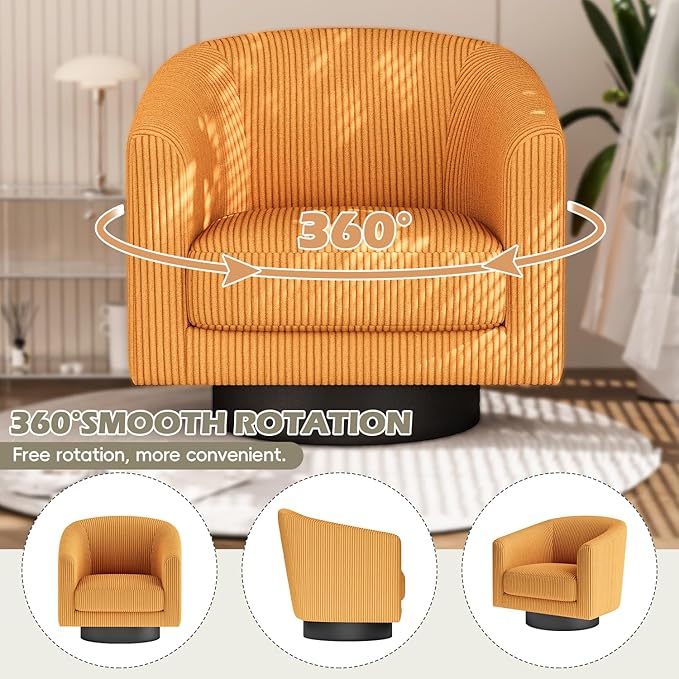 360Β° Swivel Accent Chairs Set of 2, Modern Bucket Chair, Corduroy Barrel Armchair, Comfy Boucle Chair, Single Sofa for Living Room Bedroom. Orange