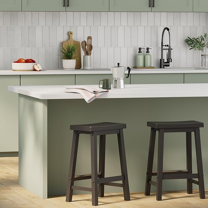 Amazon Basics Solid Wood Saddle-Seat Kitchen Counter Barstool with Footrest, Easy Assembly - 24-Inch Height - Black - Set of 2