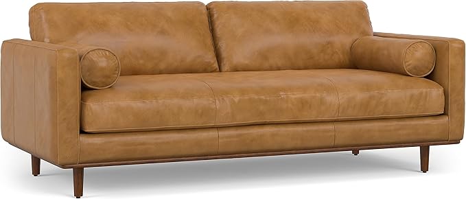 SIMPLIHOME Morrison 89-inch Wide Sofa in Sienna Top Grain Genuine Leather, Mid-Century Modern Design Couch for Living Room, Single Bench Cushion, 2 Back Cushions, 2 Bolster Pillows