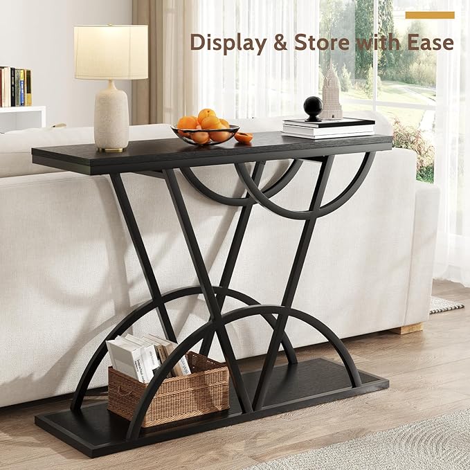 43" Console Table, Industrial Entryway Table with Storage Shelf, Narrow Wood Sofa Table with Metal Frame for Living Room, Hallway, Foyer, Entrance, Black