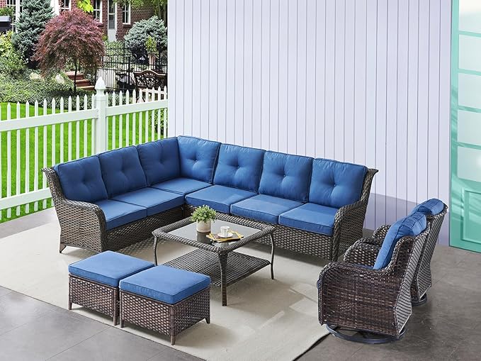 HUMMUH 9 Piece Patio Furniture PE Wikcer Outdoor Furniture Set with Sectional Sofa Swivel Patio Chairs Ottomans and Glass Coffee Table for Yard,Garden,Lawn