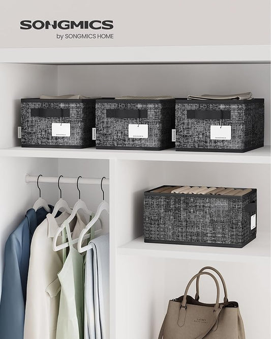 SONGMICS Storage Cubes, 11.8 x 7.9 x 5.9 Inches Non-Woven Fabric Bins with Double Handles, Set of 3, Closet Organizers for Shelves, Foldable, for Clothes, Ink Black UROB415B01