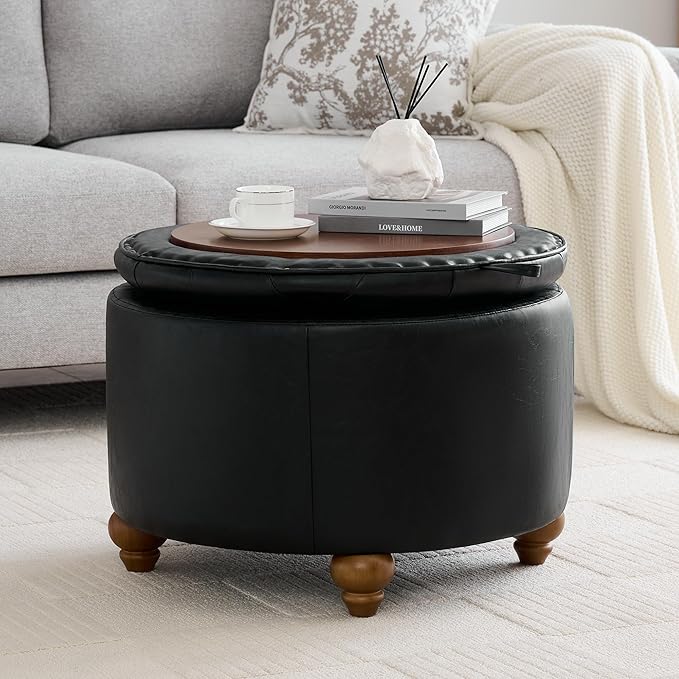 24Inch Round Storage Ottoman with Tray, Modern Tufted Leather Circle Coffee Table with Storage, Upholstered Ottoman with Removable Top for Living Room, Bedroom, Leather Black