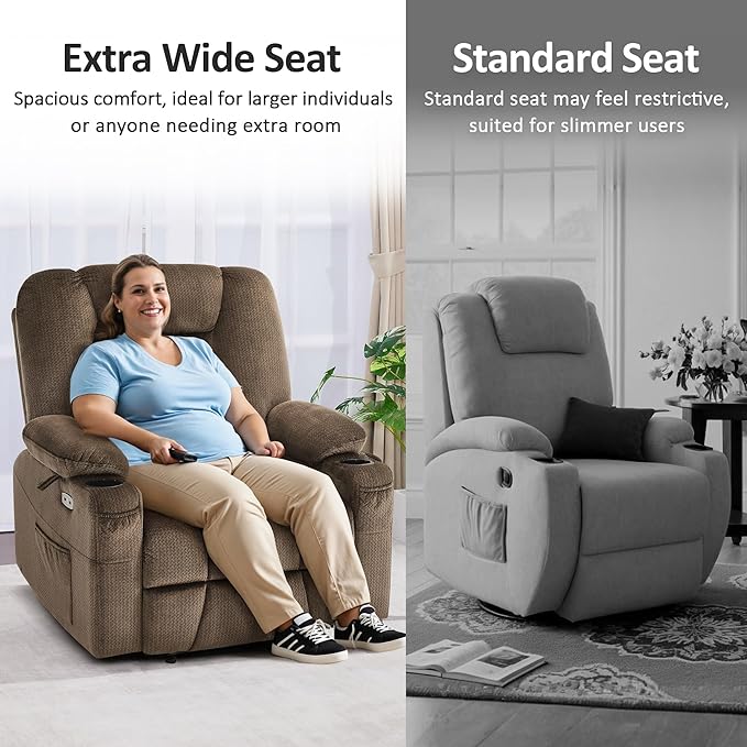 MCombo Oversized Power Lift Recliner Chair Sofa with Massage and Heat for Elderly People Petite, USB Ports, Side Pockets, Fabric R7561 (Brown, Small-Oversize)