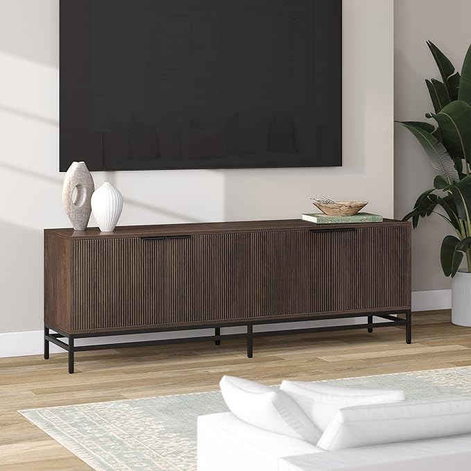 Henn&Hart Fluted TV Stand for TVs up to 78'' with 2 Storage Cabinets and Adjustable Shelves for Living Room, Family Room, or Office, Alder Brown
