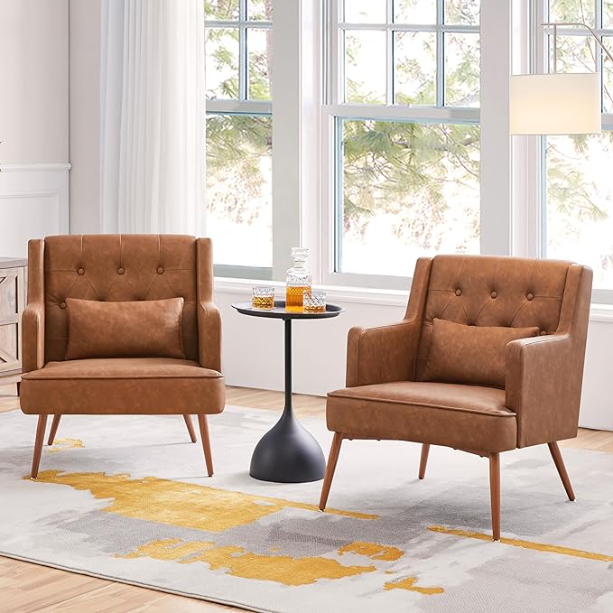 Yaheetech Accent Chair, Living Room Chair Mid Century PU Leather Armchair Lumbar Pillow, Comfy Upholstered Reading Chair Wood Leg Bedroom Brown 2PCS