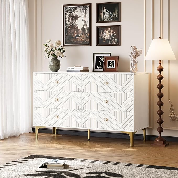 White Wood Dresser for Bedroom, 6 Drawers Dresser with Metal Handles & Embossed Woodgrain, 47" Wide Modern Chest of Drawers for Living Room, Hallway
