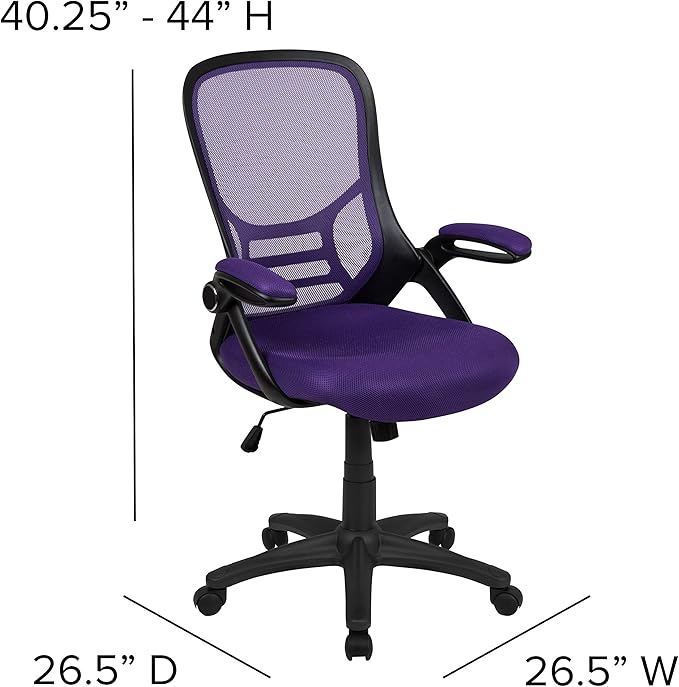 Flash Furniture Porter High-Back Swivel Office Chair with Adjustable Lumbar Support and Seat Height, Ergonomic Mesh Desk Chair with Flip-Up Armrests, Purple/Black