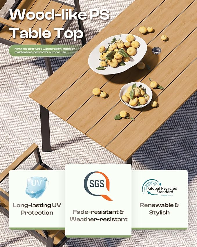67" Rectangle HDPS Patio Dining Table, Aluminum Outdoor Patio Dining Table with Umbrella Hole, Weather-Resistant for Lawn, Garden, Yard, Poolside and Indoor Use, Gray & Teak