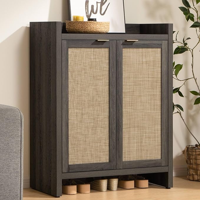 SICOTAS 41" Tall Shoe Cabinet, 24 Pair Shoe Storage Cabinet with Doors and 6-Tier Shelves, Rattan Shoe Cabinet Storage for Entryway, Farmhouse Boho Wooden Cabinet for Hallway, Black Oak