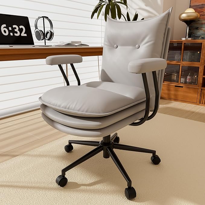 Grey Office Chair with Wheels,Triple-Layers Thicken Wide Seat Height Adjustable,Mid Back Computer Leather Desk Chair for Home,Office