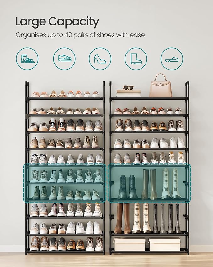 SONGMICS Shoe Rack, 10-Tier Shoe Shelf, Shoe Storage Organizer, 11 x 32.7 x 68 Inches, Metal Frame, Non-Woven Fabric Shelves, for Entryway, Bedroom, Black ULSH110BH01