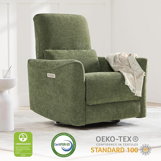 CHITA Power Recliner Chair Swivel Glider, FSC Certified Upholstered Living Room Nursery Reclining Sofa Chair with Lumbar Support, Green