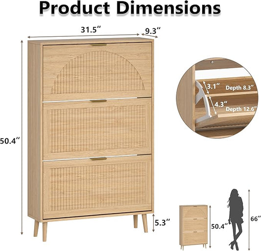Shoe Cabinet for Entryway with 3 Flip Drawers, Slim Wooden Shoe Storage Organizer with Modern Fluted Pannel,Freestanding Narrow Hidden Shoe Rack for Hallway, Foyer, Living Room