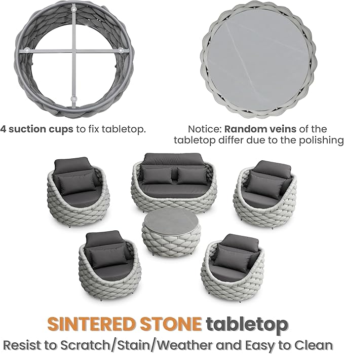 Cushioned Outdoor Patio Furniture Set: 6 Pieces Aluminum Porch Conversation Sofa Set - Modern Hand Woven Rope Deck Couch Set - No Assembly All Weather for 661lbs Yard Garden Poolside Hotel, Gray