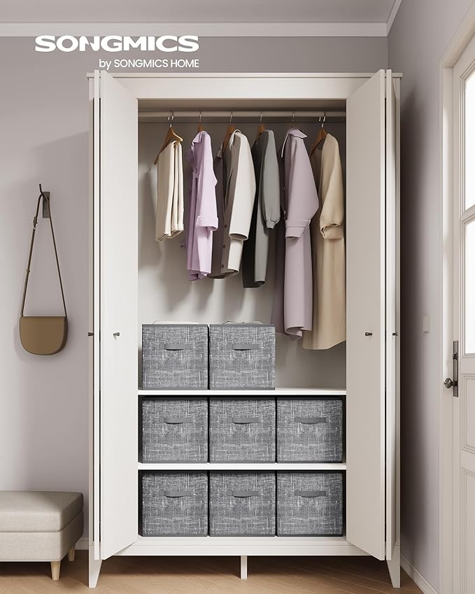 SONGMICS Storage Cubes, 13 x 13 x 13 Inches Non-Woven Fabric Bins with Double Handles, Set of 8, Closet Organizers for Shelves, Foldable, for Clothes, Cattail Gray UROB833G01